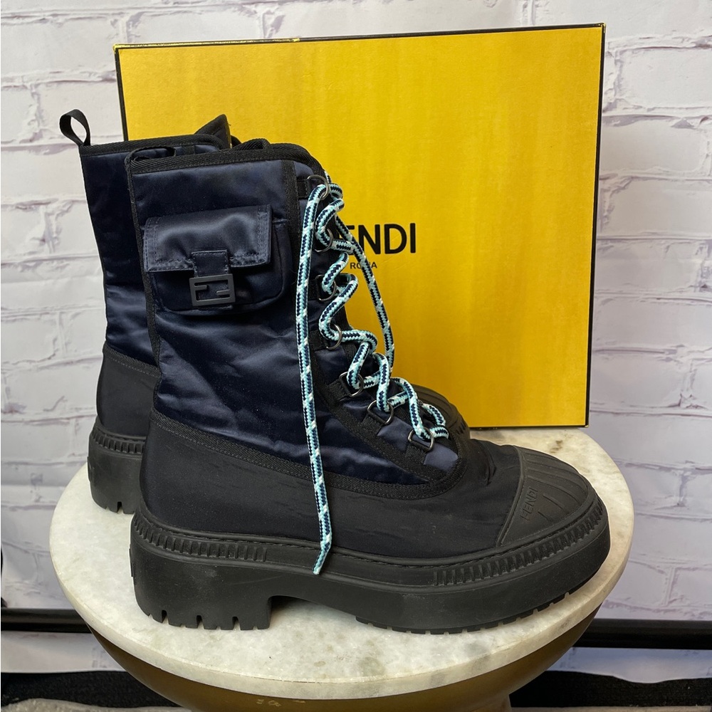 Fendi Black Nylon Platform Combat Boots with Light Blue Laces